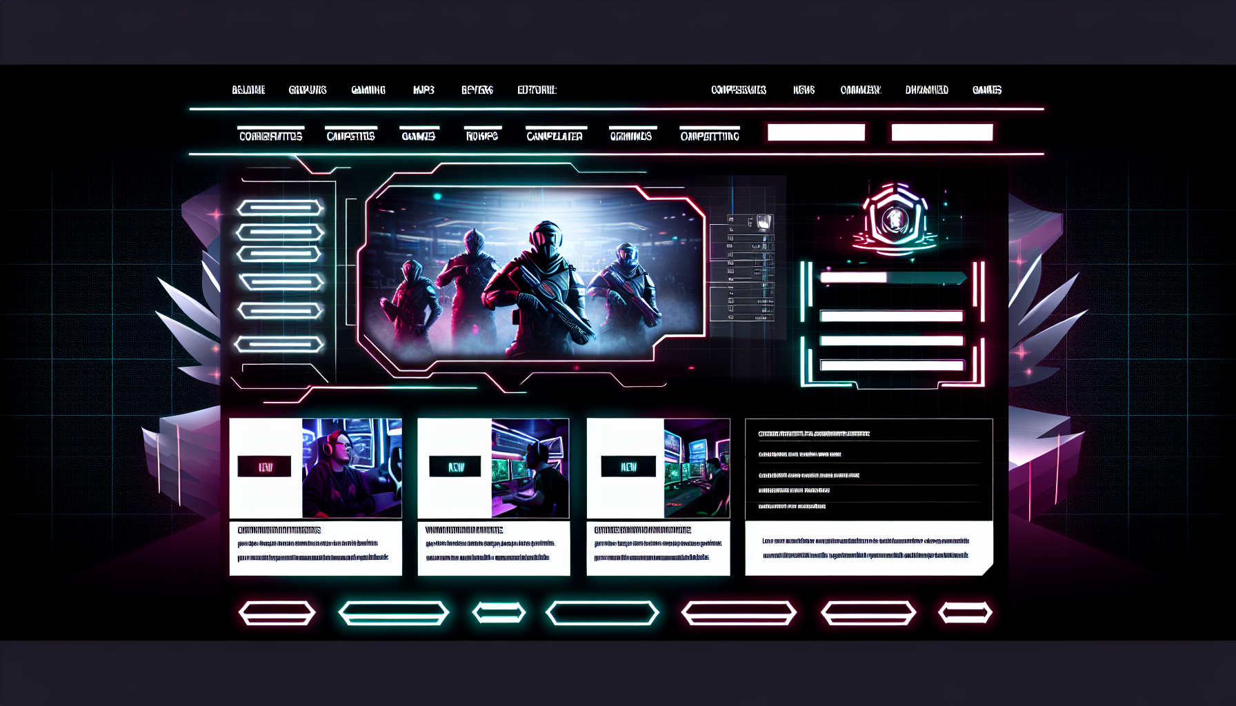 Ein Bild einer modernen Internetseite. Das Hauptthema der Seite ist eSports und wettbewerbsorientiertes Gaming. Sie hat ein dunkles Design mit Neonakzenten und zeigt mehrere Abschnitte für verschiedene Spieltypen. Eine Rangliste auf einer Seite zeigt die Platzierungen der Spieler, während in der Mitte Nachrichten und Updates zu bevorstehenden Turnieren präsentiert werden. Einige grafische Elemente könnten eine digitale Arena andeuten und das wettbewerbsorientierte Konzept verstärken.