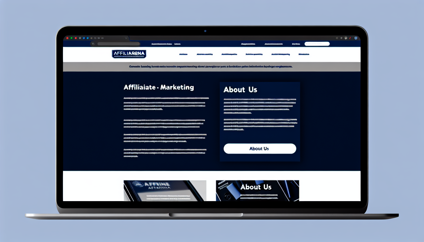 Erstellen Sie ein Bild einer generischen Website-Startseite mit modernen Designästhetiken. Die Website trägt den Namen 'AffiliArena.com' und verwendet ein marineblaues Farbschema mit Akzenten in Weiß und Grau. Die Webseite sollte verschiedene Abschnitte enthalten, wie ein auffälliges Unternehmenslogo oben links, ein Navigationsmenü, einen großen Bannerbereich für Werbung, einige Textartikel zum Thema 'Affiliate-Marketing', einen Abschnitt 'Über uns' und einen klassischen Footer mit Links zu verschiedenen Bereichen der Website.