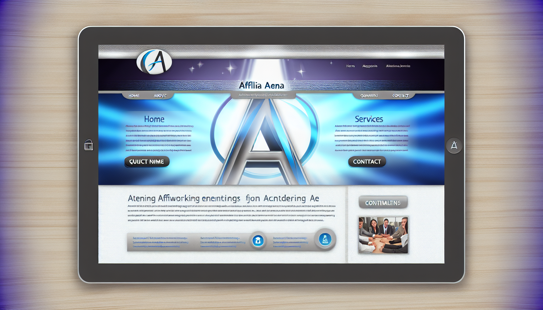 Stellen Sie sich ein Website-Layout vor, das mit dem Titel 'AffiliArena' gebrandet ist. Das Layout ist modern und hat eine saubere, helle Ästhetik. Der Header zeigt eine dynamische Grafik, die ein stilisiertes 'A'-Logo in kühlen Blautönen und Silber integriert. Darunter befindet sich eine Navigationsleiste mit Optionen wie 'Startseite', 'Über uns', 'Dienstleistungen' und 'Kontakt'. Der Hauptbereich der Webseite hebt bevorstehende Networking-Events hervor, durchzogen von Testimonials zufriedener Kunden. Der Footer enthält Schnelllinks, Kontaktdaten und Social-Media-Icons, alles auf einem subtil strukturierten Hintergrund.