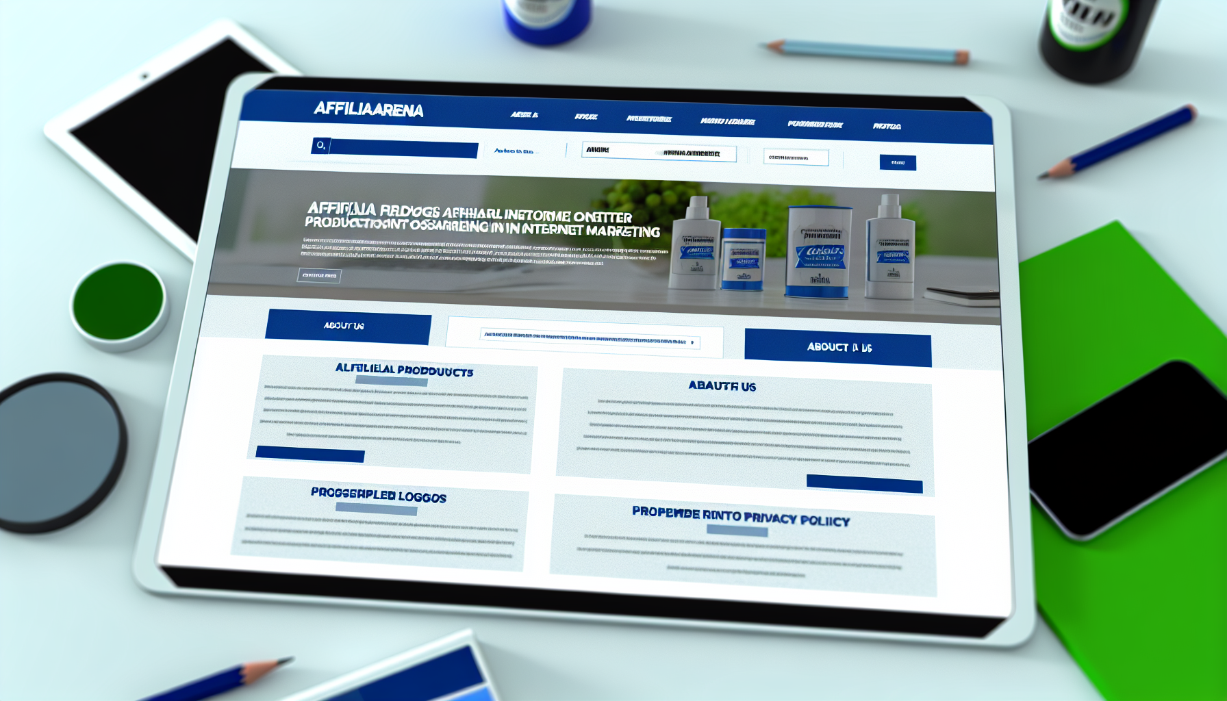 Erstellen Sie ein Bild einer fiktiven Website-Startseite mit dem Namen 'AffiliArena'. Das Layout sollte ein sauberes und modernes Design haben, mit einer auffälligen Navigationsleiste oben, die verschiedene Kategorien enthält. In der Mitte sollte ein großes Banner sein, das verschiedene fiktive Produkte im Zusammenhang mit Internet-Marketing zeigt. Verwenden Sie eine Farbpalette aus Blau, Grün und Weiß. In den Ecken der Website sollten auch fiktive Logos von vermeintlichen Partnermarken platziert sein, um die Glaubwürdigkeit der Website zu erhöhen. Der untere Teil sollte die Fußzeile der Seite mit Platzhaltertext wie 'Über uns', 'Kontakt', 'Datenschutzrichtlinie' enthalten.