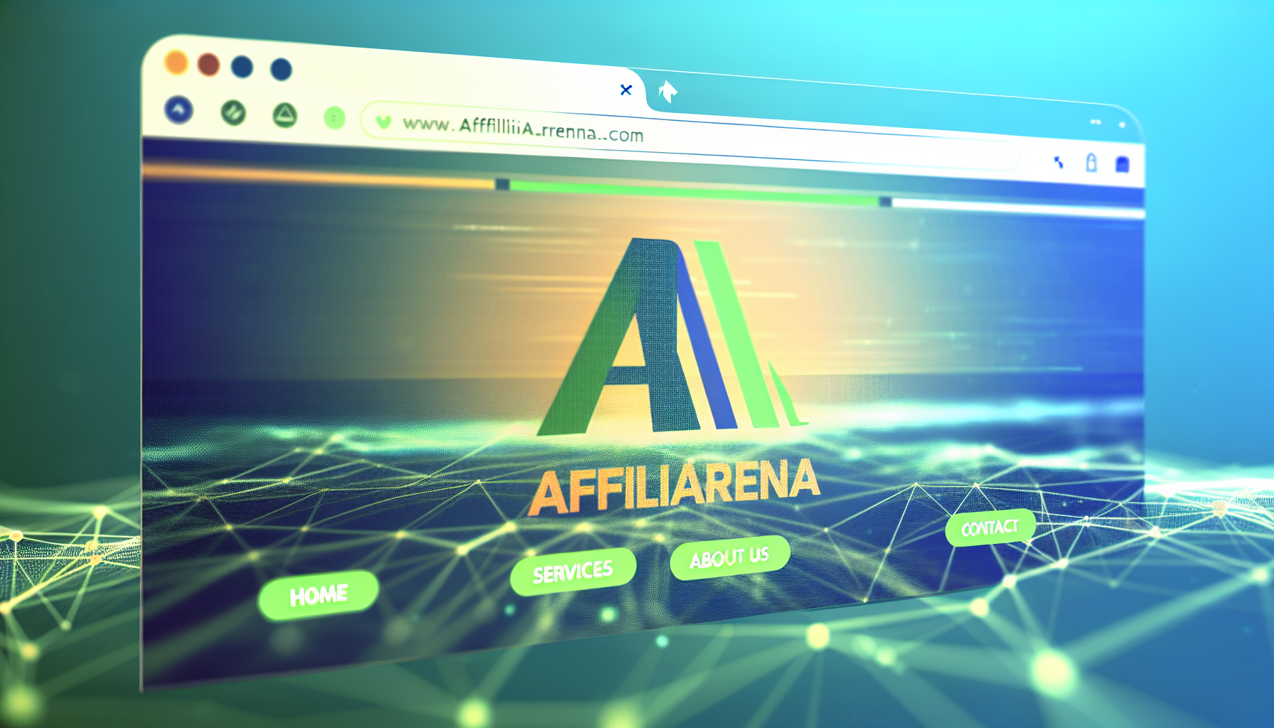 Ein emblematisches Bild einer Website namens 'affiliarena'. Das Logo ist in fetter und moderner Typografie gestaltet. Unter dem Logo befindet sich eine Navigationsleiste mit Optionen wie 'Startseite', 'Dienstleistungen', 'Über uns' und 'Kontakt'. Der Hintergrund zeigt eine digitale Landschaft mit abstrakten blauen und grünen Datenströmen, die eine Verbindung zu Technologie und Vernetzung anzeigen. Das Gesamtthema repräsentiert einen lebendigen und professionellen digitalen Raum.