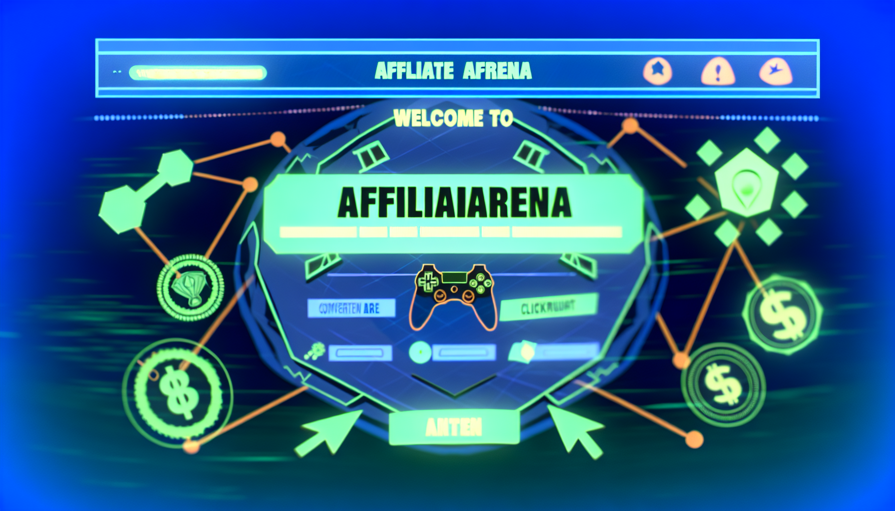 Erstellen Sie ein Bild einer fiktiven Website-Startseite namens 'AffiliArena'. Die Website ist dem Affiliate-Marketing gewidmet und wird als virtuelle Spielarena dargestellt. Zeigen Sie ein Banner mit dem Text 'Willkommen in der AffiliArena' und fügen Sie Elemente hinzu, die wettbewerbsorientiertes Gaming repräsentieren, wie einen illustrierten Joystick, ein Leaderboard und digitale Währungen. Integrieren Sie auch Symbole, die mit Affiliate-Marketing in Verbindung stehen, wie ein Hyperlink-Symbol, ein Klick-Icon und ein Konversionsraten-Diagramm. Das allgemeine Farbschema ist eine Mischung aus kräftigem Blau und lebhaftem Grün.